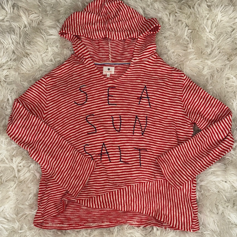 Sundry Red and Cream Striped Hooded sweater